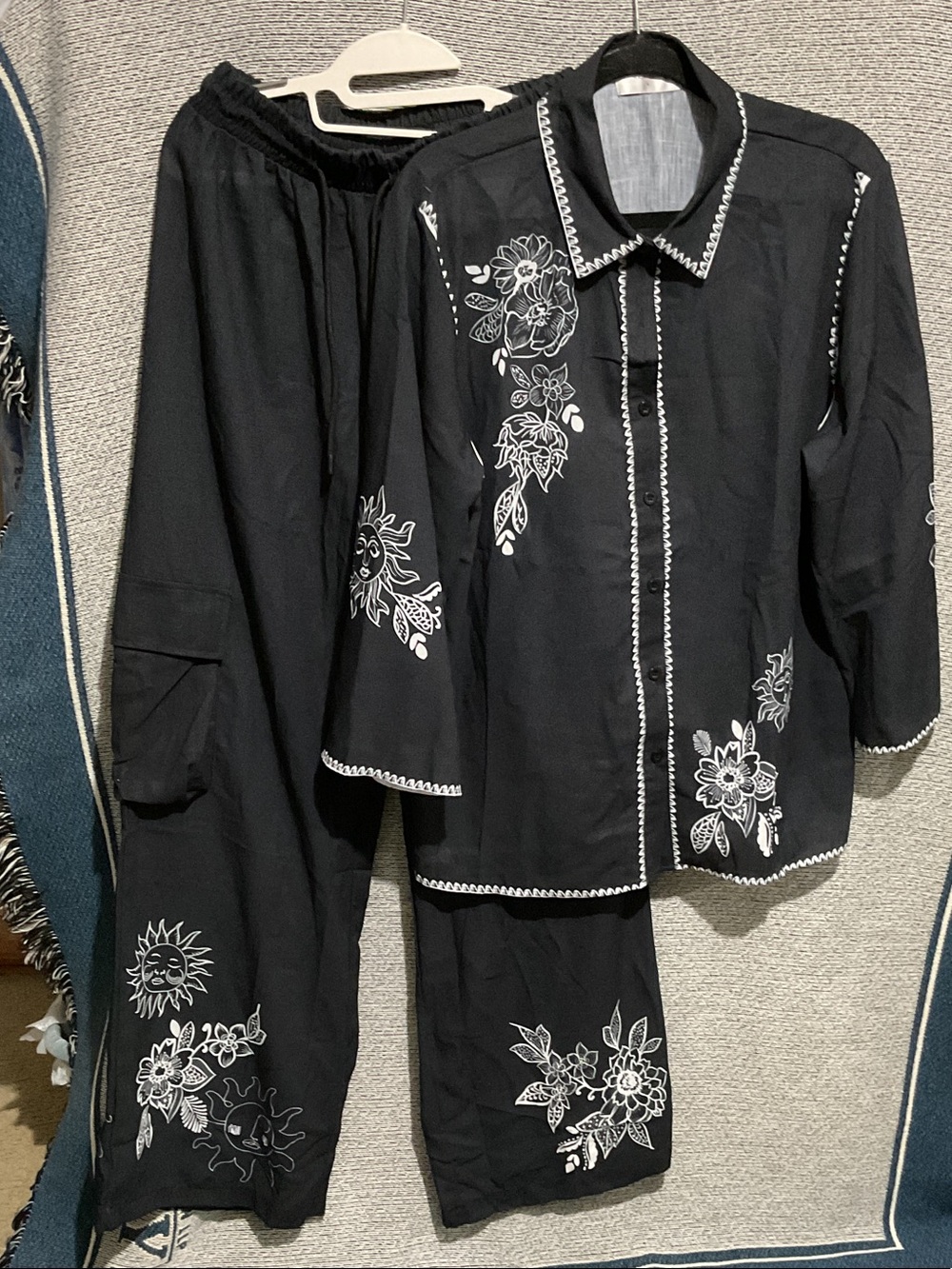 Halfheart Embroidered Wide Leg Pant & Shirt Set - Black